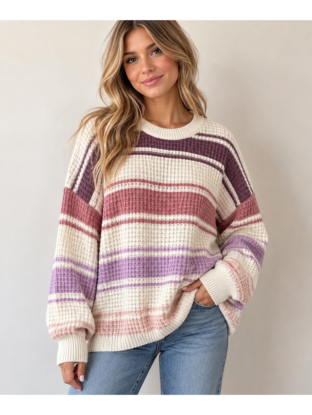 Aeropostale Women’s L Oversized Striped Waffle Knit Sweater Pastel Coastal